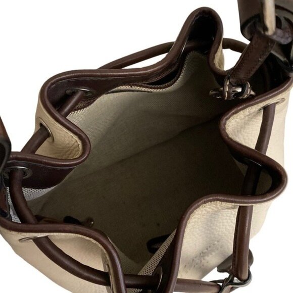 Vintage Dooney & Bourke Leather Drawstring Bucket Bag in Bone color Brown Trim a - Picture 7 of 15